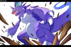 absurdres claws commentary_request from_below gen_1_pokemon highres letterboxed nidoking nintendo no_humans open_mouth pokedex_number pokemon pokemon_(creature) roncha_(shumokumoku) sharp_teeth solo spikes standing teeth