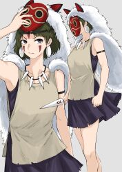 1girl absurdres bare_arms cape commentary_request dagger dress facepaint facial_mark fuku_(fuku12290574) fur_cape green_hair grey_background headband highres holding holding_dagger holding_knife holding_weapon jewelry knife looking_at_viewer mononoke_hime multiple_views necklace partial_commentary purple_dress purple_eyes san_(mononoke_hime) short_hair simple_background solo tooth_necklace weapon