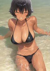1girl ^_^ bikini black_bikini black_hair blush breasts closed_eyes collarbone commentary_request dark-skinned_female dark_skin gaki_kyonyuu hair_between_eyes highres kaedeko_(kaedelic) large_breasts navel outdoors sasaki_kei short_hair sitting smile solo swimsuit tan tomboy wet wet_clothes wet_swimsuit