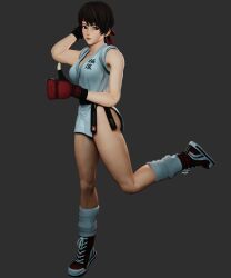 1girl ass b9n b9n_labs braid braided_ponytail breasts brown_eyes brown_hair dougi female_focus gloves hairband huge_breasts karate_gi large_breasts leg_up long_hair no_pants pale_skin ponytail shoes skirt sneakers socks standing standing_on_one_leg the_king_of_fighters thick_thighs thighs yuri_sakazaki