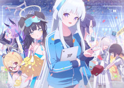 6+girls :d :o ^_^ battery_indicator bent_v black_hair blonde_hair blue_archive blue_headband breasts cheerleader cleavage closed_eyes confetti gakuran goggles goggles_on_head grey_hair hair_over_eyes halo headband hibiki_(blue_archive) hibiki_(cheer_squad)_(blue_archive) highres hugging_object jacket kaerunrun kotori_(blue_archive) kotori_(cheer_squad)_(blue_archive) lab_coat looking_at_another looking_at_viewer millennium_science_school_student_(blue_archive) millennium_science_school_student_a_(blue_archive) millennium_science_school_student_b_(blue_archive) multiple_girls noa_(blue_archive) official_alternate_costume open_mouth ouendan pom_pom_(cheerleading) profile purple_hair revision school_uniform smile stadium tablet_pc track_jacket utaha_(blue_archive) utaha_(cheer_squad)_(blue_archive) v viewfinder yuuka_(blue_archive) yuuka_(track)_(blue_archive)