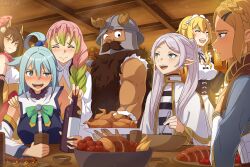 1boy 6+girls :d ^_^ animal_ear_fluff animal_ears aqua_(konosuba) artist_name beard blonde_hair blue_archive blue_eyes blue_hair blush bottle bow bowl bowtie braid brown_hair capelet closed_eyes commentary crossover detached_sleeves drunk dungeon_meshi dwarf earrings elf english_commentary facial_hair fake_horns floating_earring food fox_ears fox_girl fox_tail frederica_baumann frieren furrowed_brow gold_trim gradient_hair green_bow green_bowtie green_eyes green_hair hair_between_eyes hair_ornament hair_rings hairclip half-closed_eye halo hand_on_another&#039;s_shoulder helmet highres holding holding_plate horned_helmet horns indoors izuna_(blue_archive) jewelry kanroji_mitsuri kono_subarashii_sekai_ni_shukufuku_wo! long_hair long_sleeves looking_at_another maid_headdress multicolored_hair multiple_crossover multiple_girls mustache ninja nintendo open_mouth parted_bangs pink_hair pink_halo plate pointy_ears princess_zelda rappa_(sirrappa) re:zero_kara_hajimeru_isekai_seikatsu roswaal_mansion_maid_uniform school_uniform senshi_(dungeon_meshi) serafuku sharp_teeth shirt short_hair sidelocks single_hair_ring sitting smile sousou_no_frieren striped_clothes striped_shirt tail takoyaki teeth the_legend_of_zelda the_legend_of_zelda:_tears_of_the_kingdom trait_connection two-tone_hair white_capelet white_hair wine_bottle yellow_eyes