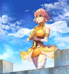 1girl armor artist_logo blue_sky cape choker cloud concrete dagger detached_sleeves dress earrings final_fantasy final_fantasy_v fujimoto_kishino gradient_eyes highres holding holding_dagger holding_knife holding_weapon jewelry knife leather leather_vest lenna_charlotte_tycoon logo miniskirt multicolored_eyes orange_dress see-through_clothes short_hair signature skirt sky solo thighhighs watermark weapon web_address white_cape white_sleeves white_thighhighs