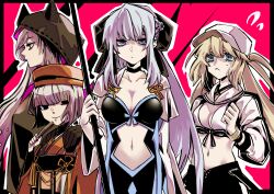 4girls absurdres artoria_caster_(fate) artoria_caster_(swimsuit_berserker)_(fate) artoria_caster_(swimsuit_berserker)_(first_ascension)_(fate) artoria_pendragon_(fate) black_bow black_eyes blonde_hair blue_eyes bow cape fate/grand_order fate_(series) green_eyes hair_between_eyes hair_bow hat highres hood hoodie japanese_clothes kimono lilith_(fate) long_hair long_sleeves looking_at_viewer miyabimakoto morgan_le_fay_(fate) morgan_le_fay_(second_ascension)_(fate) multiple_girls polearm sen_no_rikyu_(fate) short_hair smile spear weapon white_hair wide_sleeves yellow_eyes
