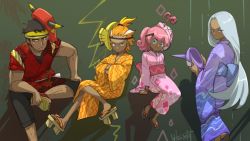 2boys 2girls bad_id bad_twitter_id blue_hair character_mask crossed_arms dark-skinned_male dark_skin gen_7_pokemon geta headband invisible_chair japanese_clothes kimono legendary_pokemon long_hair looking_at_viewer mask multiple_boys multiple_girls natsuno_hamuto nintendo obi orange_hair personification pink_hair pokemon pokemon_sm ponytail red_hair sash short_hair sitting smile tapu_bulu tapu_fini tapu_koko tapu_lele wide_sleeves yukata