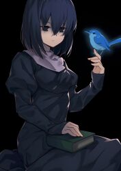 1girl bird bird_on_hand black_background black_dress black_eyes black_hair blue_bird book book_on_lap closed_mouth dress hair_between_eyes highres kuonji_alice long_dress lost_robin_rondo mahou_tsukai_no_yoru medium_hair simple_background sitting solo tierra_misu