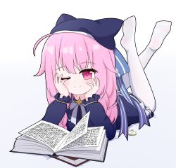 1girl absurdres blue_bow blue_dress blue_hat blush book bow bowtie dress hair_bow hamartia_(yi_shijie_chaoji_zhanzheng) hat head_on_hand highres looking_at_viewer medium_hair no_shoes one_eye_closed pantyhose pink_eyes pink_hair reading simple_background smile solo tonghua_sakana white_background white_bow white_bowtie white_pantyhose yi_shijie_chaoji_zhanzheng