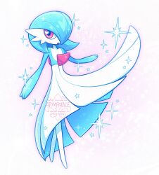 Rule 34 | alternate color, artist name, atom palace, blue hair, blue skin, bob cut, colored skin, dress, gardevoir, gen 3 pokemon, hair over one eye, highres, looking at viewer, multicolored skin, nintendo, orange eyes, pokemon, pokemon (creature), shiny pokemon, signature, sparkle, two-tone skin, white dress, white skin