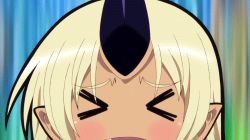 &gt;_&lt; 10s 1girl :d &gt;_&lt; animated animated_gif blonde_hair blush dark_skin closed_eyes fang happy horn lowres monster_girl monster_musume_no_iru_nichijou ogre open_mouth pointy_ears screencap single_horn smile tionishia xd