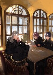 22kolink 4boys book brown_hair chair character_request ensemble_stars! grey_hair highres holding holding_book indoors long_hair male_focus multiple_boys purple_hair reading red_hair short_hair sitting table window