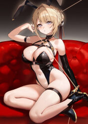 Rule 34 | 1girl, absurdres, alternate costume, animal ears, arm strap, arm up, bare legs, black choker, black leotard, blonde hair, blue eyes, breasts, choker, clothing cutout, couch, evelyn chevalier, full body, grey background, high heels, highleg, highleg leotard, highres, large breasts, leotard, light particles, mole, mole under eye, navel cutout, playboy bunny, rabbit ears, sitting, smilesmile1312, solo, thigh strap, thighs, thread, zenless zone zero