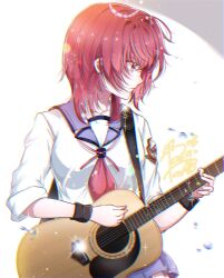 1girl angel_beats! blue_sailor_collar commentary_request goslingwallows guitar hands_up highres holding holding_guitar holding_instrument instrument iwasawa_masami long_sleeves looking_ahead medium_hair neckerchief parted_lips pink_neckerchief playing_guitar playing_instrument profile red_eyes red_hair sailor_collar shinda_sekai_sensen_uniform shirt signature sleeves_rolled_up solo sparkle upper_body v-shaped_eyebrows white_background white_shirt