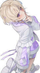 Rule 34 | 1girl, absurdres, blonde hair, blush, breasts, choker, closed mouth, colored tips, commentary, from above, from behind, full body, hair intakes, highres, hololive, hololive dev is, jacket, kakeru (kakekaker001), looking at viewer, looking back, loose socks, multicolored hair, multicolored jacket, multicolored shoes, open clothes, open jacket, pout, purple choker, purple eyes, purple hair, purple jacket, purple shoes, purple shorts, shoe soles, shoes, short hair, short shorts, shorts, simple background, small breasts, sneakers, socks, solo, standing, standing on one leg, todoroki hajime, todoroki hajime (1st costume), two-tone hair, two-tone jacket, two-tone shoes, two-tone shorts, two side up, virtual youtuber, white background, white jacket, white shoes, white shorts, white socks