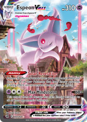 animal animal_focus artist_name bird blue_sky card_(medium) character_name closed_eyes cloud company_name copyright_name copyright_notice day dynamax english_text espeon flying forehead_jewel forked_tail gen_2_pokemon gen_3_pokemon house nintendo no_humans official_art outdoors oversized_animal pillar_of_light pokemon pokemon_(creature) pokemon_card pokemon_focus pokemon_tcg red_clouds saitou_kouki sky sleeping solo_focus tail third-party_source trading_card tree wingull