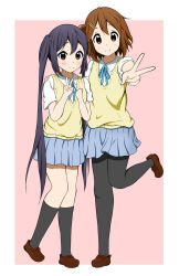 2girls artist_request black_hair black_pantyhose black_socks blush brown_eyes brown_hair closed_mouth dot_nose female_focus full_body hair_between_eyes hair_ornament hairclip hirasawa_yui k-on! legs long_hair looking_at_viewer multiple_girls nakano_azusa pantyhose ribbon school_uniform shirt shoes short_hair short_sleeves simple_background skirt smile socks standing sweater_vest twintails v white_shirt yellow_sweater_vest