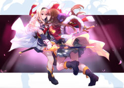 Rule 34 | 2girls, aiguillette, ankle boots, artist name, belt, black boots, black hairband, black jacket, black skirt, blonde hair, blue eyes, boots, bow, brown hair, cape, closed mouth, collared jacket, commentary request, epaulettes, eye contact, face-to-face, falling petals, floating clothes, floating hair, full body, fur-trimmed jacket, fur trim, glint, grey skirt, hair bow, hair ornament, hairband, highres, holding, holding another&#039;s wrist, holding sword, holding weapon, jacket, jacket on shoulders, leaning back, leaning on person, leg up, letterboxed, light particles, long hair, long sleeves, looking at another, miniskirt, multiple girls, outside border, petals, pin.s, purple bow, red eyes, red jacket, saijou claudine, sheath, sheathed, shoujo kageki revue starlight, silhouette, single horizontal stripe, skirt, smile, sword, tassel, tendou maya, v-shaped eyebrows, waist cape, weapon, white cape, yellow cape, zoom layer