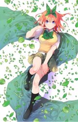 Rule 34 | 1girl, arm up, black socks, bow, bowtie, breasts, cloak, closed mouth, collared shirt, dot nose, female focus, full body, go-toubun no hanayome, green bow, green bowtie, green cloak, green petals, green ribbon, green skirt, hair bow, hair ribbon, hand on own thigh, haruba negi, highres, large breasts, legs, looking at viewer, lying, miniskirt, nakano yotsuba, official art, on back, orange hair, petals, pleated skirt, purple eyes, ribbon, school uniform, shirt, short hair, short sleeves, simple background, skirt, smile, socks, solo, solo focus, sweater, sweater vest, thighs, vest, white background, white shirt, yellow sweater, yellow sweater vest, yellow vest