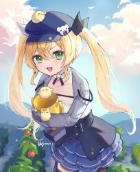Rule 34 | 1girl, :d, blue hat, blue skirt, cloud, cowboy shot, day, dokibird (vtuber), dokibird (vtuber) (retro doki), dragoon (dokibird), fingerless gloves, gloves, green eyes, grey jacket, hat, highres, holding, holding trophy, indie virtual youtuber, jacket, long hair, long sleeves, looking at viewer, monoupa, open mouth, outdoors, skirt, smile, solo, tomato, trophy, twintails, virtual youtuber