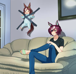 2girls abebe absurdres aged_down alternate_costume animal_ears black_shirt brown_hair crossed_legs denim duct_tape ear_ornament eyepatch figure_four_sitting highres horse_ears horse_girl horse_tail jeans kid_taped_to_wall_(meme) meme multicolored_hair multiple_girls pants parody purple_hair reference_request shirt short_hair sitting slippers streaked_hair t-shirt tail tanino_gimlet_(umamusume) umamusume vodka_(umamusume) yellow_eyes