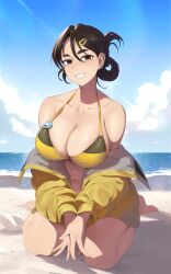 1girl :d absurdres akiaji_margo_(character) badge barefoot beach bikini blue_sky breasts brown_eyes brown_hair button_badge cloud cloudy_sky collarbone commentary commission earclip earrings english_commentary fingernails folded_ponytail hair_between_eyes hair_ornament hairclip highres indie_virtual_youtuber jacket jewelry kopam large_breasts long_hair looking_at_viewer mole mole_on_breast mole_on_collarbone mole_under_eye navel off_shoulder open_mouth outdoors own_hands_together sitting sky smile solo stud_earrings swimsuit thighs virtual_youtuber water yellow_bikini yellow_jacket