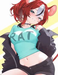 1girl animal_ear_fluff animal_ears black_choker black_hair black_jacket blue_eyes blush breasts choker clothes_writing colored_tips commentary crossed_bangs double-parted_bangs english_commentary groin hair_between_eyes hakos_baelz head_tilt heart heart_choker highres hololive hololive_english jacket looking_at_viewer medium_breasts midriff mouse_ears mouse_girl mouse_tail multicolored_hair navel off_shoulder open_clothes open_jacket ponytail red_hair shirt short_hair short_shorts shorts sidelocks sk_jynx solo streaked_hair sweat t-shirt tail textless_version twitter_strip_game virtual_youtuber white_hair zipper