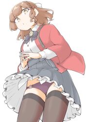 1girl :o akara_kai asahi_(kancolle) black_hakama black_thighhighs braid breasts brown_hair coat collared_shirt crotch_seam dress_shirt flower_panties grey_eyes hair_ribbon hakama highres japanese_clothes kantai_collection large_breasts long_sleeves looking_at_viewer mole mole_under_mouth panties purple_panties red_coat ribbon shirt short_hair single_braid skirt solo thighhighs underwear white_ribbon white_shirt