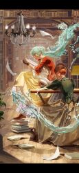 2girls aqua_hair blurry blurry_background book bookshelf bow breasts brown_gloves brown_hat brown_skirt chandelier closed_mouth commentary desk_lamp dress earrings english_commentary frilled_skirt frilled_sleeves frills gloves green_shirt half-dress hat highres hydrokinesis jewelry lamp library light_particles long_hair looking_at_object multiple_girls orange_hair original parted_lips plant puffy_sleeves reading red_dress shirt sitting skirt small_breasts striped_bow water wooden_floor yellow_skirt zhishangjun123