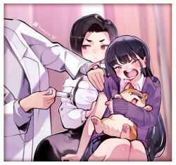 1boy 2girls animal black_skirt blush boku_no_kokoro_no_yabai_yatsu cardigan coat crying curtains dog highres holding holding_animal holding_dog holding_syringe inconvenient_breasts indoors injection instagram_username lianbiglian long_hair long_sleeves looking_at_viewer miniskirt mother_and_child mother_and_daughter multiple_girls multiple_others off-shoulder_sweater off_shoulder photo-referenced pleated_skirt purple_cardigan round_teeth school_uniform short_hair sitting skirt sweater syringe teeth twitter_username upper_body upper_teeth_only veterinarian white_coat white_sweater yamada_anna yamada_sanae_(bokuyaba)