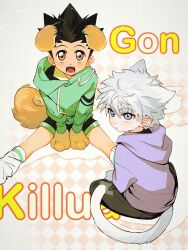 2boys animal_ears animal_hands black_hair black_pants black_shirt blue_eyes brown_eyes cat_boy cat_ears cat_tail character_name checkered_background dog_boy dog_ears dog_tail drawstring fangs gelb gon_freecss green_hoodie highres hood hood_down hoodie hunter_x_hunter indian_style kemonomimi_mode killua_zoldyck looking_at_viewer male_focus multiple_boys open_mouth pants purple_hoodie shirt short_hair shorts sitting socks spiked_hair tail teeth tongue white_hair widow&#039;s_peak