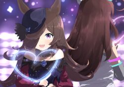 2girls absurdres ahoge animal_ears black_hair blurry blurry_background breasts collarbone detached_sleeves flower hair_over_one_eye hat heart highres horse_ears horse_girl horse_tail long_hair looking_at_viewer mihono_bourbon_(umamusume) multiple_girls portrait purple_eyes rice_shower_(umamusume) small_breasts sparkle stage tail takinii umamusume