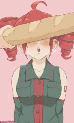 1girl ahoge bread breasts commentary drill_hair english_commentary food green_shirt highres kasane_teto open_mouth pink_background red_hair sexually_suggestive shirt short_hair simple_background sleeveless sleeveless_shirt small_breasts solo_focus teeth tyrone upper_teeth_only utau