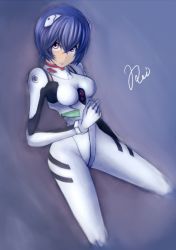 1girl alternate_eye_color ayanami_rei blue_hair bodysuit bracer breasts character_name cowboy_shot dutch_angle female_focus from_side gloves gradient_background hair_between_eyes hair_ornament head_tilt interface_headset_(evangelion) legs_apart looking_at_viewer mecha_pilot_suit narrow_waist neon_genesis_evangelion parted_lips plugsuit_(evangelion) purple_eyes saltydanshark short_hair signature simple_background small_breasts solo turtleneck