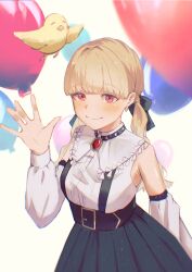 1girl armpit_crease balloon bare_shoulders blonde_hair blush brooch chromatic_aberration commentary earrings gem hair_ribbon high-waist_skirt highres jewelry kogara_toto kogara_toto_(gothic) low_twintails lupinus_virtual_games pleated_skirt red_eyes red_gemstone ribbon shirt shirt_tucked_in simple_background skirt sleeveless sleeveless_shirt smile solo suspenders tsubu_(kappunioyu562) twintails upper_body virtual_youtuber vspo! waving white_background yellow_bird
