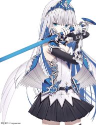 1girl armor armored_dress blue_eyes blue_hair colored_inner_hair crystar dress elbow_gloves fake_horns fangs feathered_wings fighting_stance gloves grey_hair hatada_rei highres holding holding_weapon horned_headwear horned_tiara horns lace lace-trimmed_skirt lace_trim long_hair looking_at_viewer low_wings multicolored_hair ox_guard riuichi skin_fangs skirt solo strapless strapless_dress sword tiara weapon white_background wings