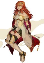 1girl absurdres armor armored_boots black_skirt black_thighhighs boots breastplate cape celica_(fire_emblem) choker dress earrings fingerless_gloves fire_emblem fire_emblem_echoes:_shadows_of_valentia gloves highres jewelry long_hair nintendo orange_eyes orange_hair ormille princess red_eyes red_hair sitting skindentation skirt solo thighhighs thighs tiara white_armor white_dress