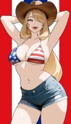 1girl american_flag american_flag_background american_flag_bikini american_flag_print armpits arms_up bikini bikini_top_only blonde_hair blue_shorts breasts cleavage cowboy_hat cowboy_shot cynthia_(pokemon) denim denim_shorts devil_jone_qrit flag_background flag_print flag_print_bikini hair_over_one_eye hat highres large_breasts long_hair looking_at_viewer navel nintendo open_mouth pokemon pokemon_dppt print_bikini shorts solo stomach swimsuit very_long_hair