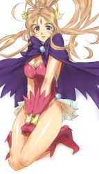 Rule 34 | 1girl, aa megami-sama, asaba ureshiko, asaba ureshiko (cosplay), belldandy, blue eyes, boots, breasts, brown hair, cape, cleavage, cosplay, facial mark, female focus, forehead mark, gloves, guliru, inoue kikuko, leotard, long hair, okusama wa mahou shoujo, solo, voice actor connection