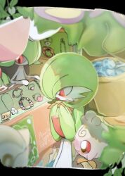 bob_cut colored_skin creatures_(company) eating food food_in_mouth game_freak gardevoir gen_2_pokemon gen_3_pokemon green_hair green_skin highres holding holding_food igglybuff kirlia ktbr_2 leaf multicolored_skin nintendo pink_eyes pink_skin pokemon pokemon_(creature) ralts signature two-tone_skin white_skin