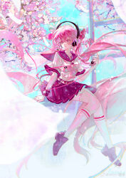 1girl absurdres antry_tange black_shoes blush cherry_hair_ornament digital_media_player food-themed_hair_ornament hair_between_eyes hair_ornament hatsune_miku headphones highres holding_digital_media_player long_hair looking_to_the_side open_mouth pink_eyes pink_hair pink_sailor_collar pink_skirt sailor_collar sakura_miku shirt shoes sidelocks sitting skirt socks solo twintails very_long_hair vocaloid watermark weibo_watermark white_shirt white_socks