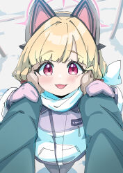 1girl 1other :3 absurdres animal_ear_headphones animal_ears black_pantyhose blonde_hair blue_archive blush bow cat_ear_headphones cat_ears coat commentary_request fake_animal_ears from_above hair_bow halo hand_in_another&#039;s_hair hands_on_another&#039;s_face headphones highres holding_another&#039;s_wrist long_sleeves looking_at_viewer mittens momoi_(blue_archive) momoi_(winter)_(blue_archive) multicolored_coat official_alternate_costume open_mouth pantyhose parted_bangs pink_eyes pink_halo pink_mittens pov pov_hands purple_coat red_bow scarf smile snow solo_focus standing syatiten tareme white_coat white_scarf winter winter_clothes