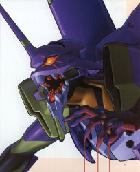 Rule 34 | 1other, absurdres, blood, blood on hands, eva 01, highres, horns, mecha, neon genesis evangelion, no humans, official art, open mouth, robot, sadamoto yoshiyuki, scan, scan artifacts, single horn, teeth