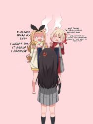 3girls absurdres anger_vein angry barefoot black_hair black_ribbon black_socks blonde_hair crossed_bandaids crying dress eleazarmikai english_text from_behind grey_skirt head_bump highres inoue_takina kurumi_(lycoris_recoil) lifting_person long_hair lycoris_recoil multiple_girls nishikigi_chisato pink_background pleated_skirt ribbon short_hair simple_background skirt socks t_t twitter_username two-tone_dress