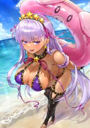 1girl bare_shoulders bb_(fate) bb_(swimsuit_mooncancer)_(fate) bb_(swimsuit_mooncancer)_(second_ascension)_(fate) beach bikini black_gloves black_thighhighs blue_sky blush breasts cleavage collarbone dark-skinned_female dark_skin fate/grand_order fate_(series) fingerless_gloves full_body garter_belt gloves hair_ornament hair_ribbon hairband highres innertube large_breasts long_hair looking_at_viewer neck_ribbon purple_bikini purple_eyes purple_hair ribbon shore sky smile solo star_(symbol) star_hair_ornament suiete swim_ring swimsuit tan thighhighs very_long_hair