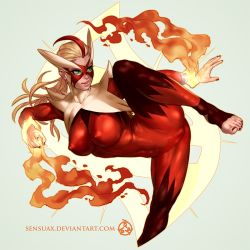 1girl anjali bare_shoulders blaziken blonde_hair bodysuit breasts covered_erect_nipples female_focus fighting_stance fire gen_3_pokemon green_eyes impossible_clothes large_breasts leg_up mask mega_blaziken mega_pokemon multicolored_hair nail_polish nintendo personification pokemon red_hair smile solo two-tone_hair watermark web_address