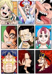 Rule 34 | 4girls, 6+boys, abs, aqua cape, arms behind head, bellemere, black hair, blonde hair, buzz cut, cape, carrying, carrying person, cigar, cigarette, commentary request, couchpotato op, crocodile (one piece), earrings, eustass kid, eyewear on head, facial mark, facial tattoo, franky (one piece), gerd (one piece), giant, giantess, goggles, goggles on head, hair slicked back, heart, highres, horns, japanese clothes, jewelry, kimono, long hair, long nose, looking at viewer, multiple boys, multiple drawing challenge, multiple girls, one piece, open mouth, pink hair, profile, rebecca (one piece), red hair, round teeth, scar, scar on face, shanks (one piece), short hair, sidelocks, size difference, sleeveless, sleeveless kimono, smile, stitched face, stitches, swept bangs, tattoo, teeth, tongue, tongue out, vasco shot, very short hair, wyper (one piece), yamato (one piece)