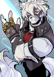 1boy animal_ears artist_name ascot bicep_strap claws closed_mouth colored_tips commentary_request eyepatch fingerless_gloves furry furry_male gloves grey_gloves looking_at_viewer male_focus multicolored_hair red_ascot red_eyes shirt sleeves_rolled_up smile tail von_lycaon white_shirt wolf_boy wolf_ears wolf_tail yu-chi_(ahamma) zenless_zone_zero