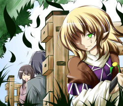 +++ 1boy 2girls anger_vein arm_warmers black_hair blonde_hair brown_hair brown_shirt closed_eyes closed_mouth commentary_request frown grass green_eyes grey_kimono hair_over_one_eye highres japanese_clothes jealous kimono leaf looking_at_another looking_to_the_side mizuhashi_parsee multiple_girls pointy_ears scarf shirt short_hair short_sleeves smile touhou upper_body white_scarf yokoshima_(qb74pnkp)