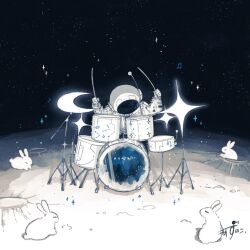 1other animal artist_name astronaut beamed_sixteenth_notes closed_eyes commentary crater crescent drum drum_set drumsticks eighth_note full_body helmet highres holding holding_drumsticks instrument kazunoko_(kazunoko_zunoco) moon music musical_note on_moon original other_focus outdoors playing_drum playing_instrument rabbit radio_antenna signature solo space space_helmet spacesuit sparkle star_(sky) white_rabbit_(animal)