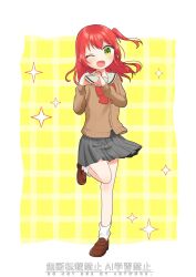 1girl ;d bocchi_the_rock! bow bowtie brown_jacket brown_shoes full_body fuyukusa_1 grey_skirt heart heart_hands highres jacket kita_ikuyo leg_up long_hair long_sleeves one_eye_closed open_mouth pleated_skirt red_bow red_bowtie red_hair sailor_collar school_uniform shoes shuka_high_school_uniform skirt smile socks solo standing standing_on_one_leg white_socks