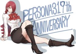1girl absurdres anniversary black_skirt boots bow bowtie breasts brown_boots copyright_name english_text full_body gekkoukan_high_school_uniform hair_over_one_eye high_heel_boots high_heels highres kirijou_mitsuru knee_up kurosususu large_breasts legs long_hair long_sleeves looking_at_viewer on_floor parted_lips persona persona_3 red_bow red_bowtie red_eyes red_hair ribbed_sweater school_uniform shirt simple_background sitting skirt smile solo sweater very_long_hair white_background white_shirt